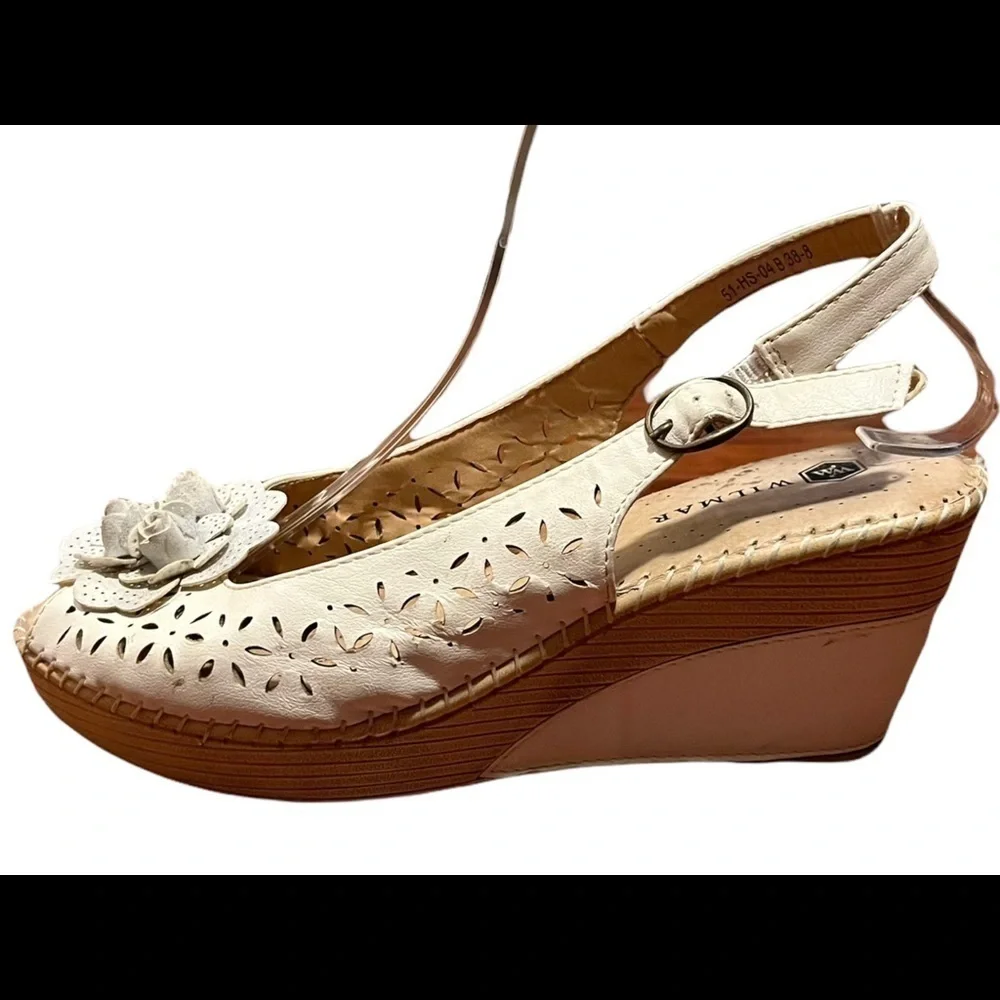 Vintage Wilmar Leather White Floral Cutout Wedges Size 38